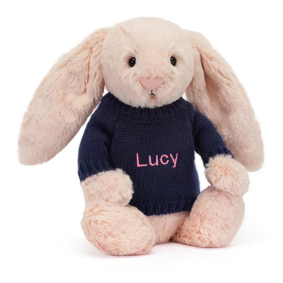 Bashful Blush Bunny with Personalised Navy Jumper